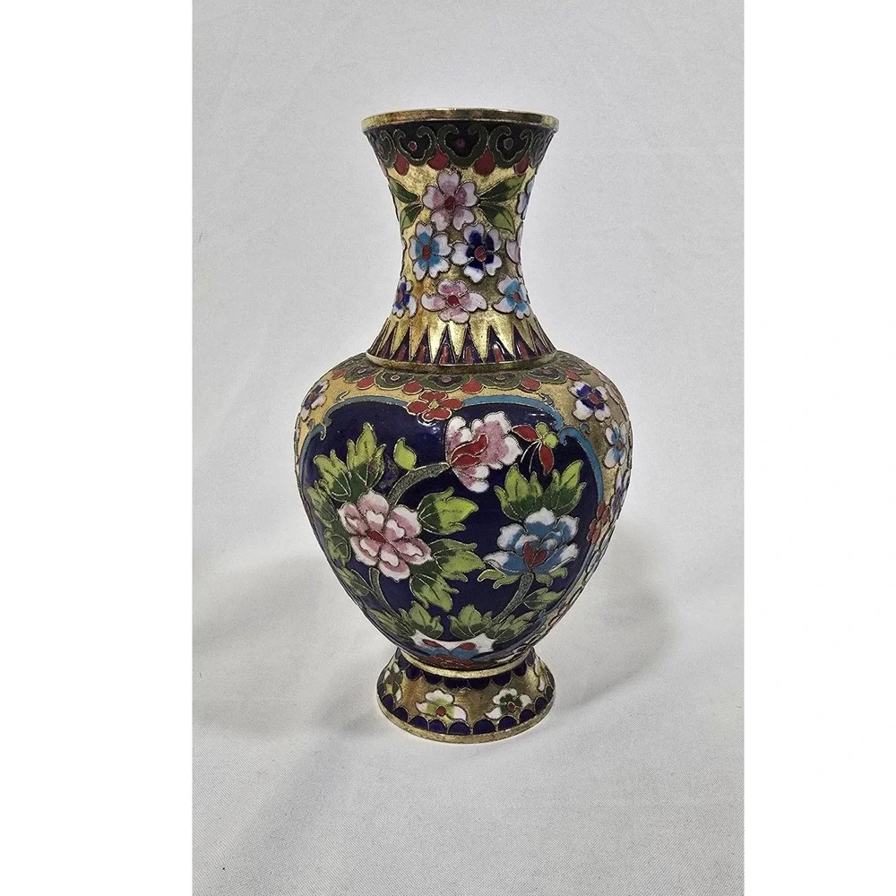 Vintage Champleve raised wire cloisonne enamel metal vase hand painted asian art